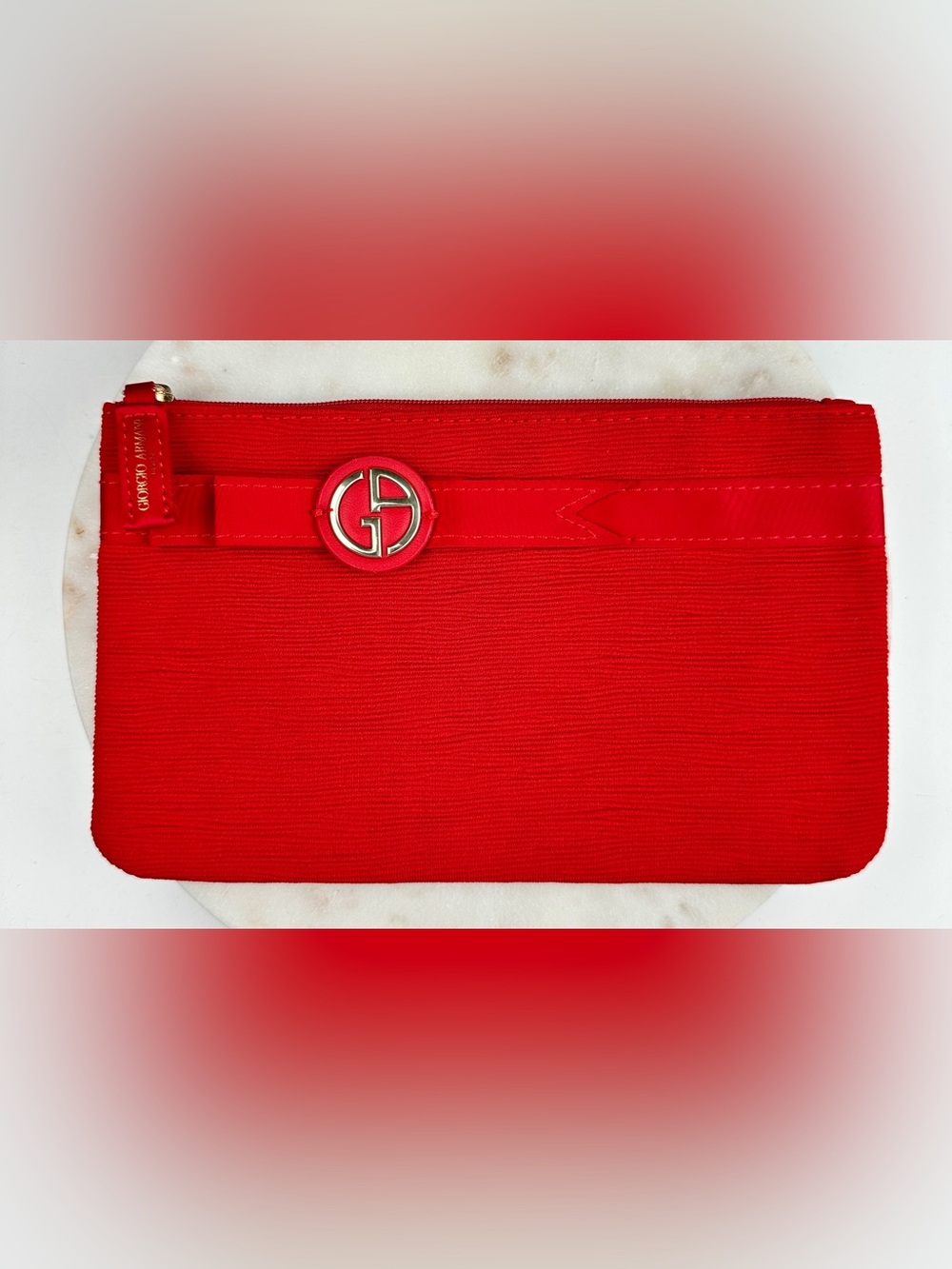 Giorgio Armani Beauty Red Cosmetic Clutch Pouch Gold GA Logo Zip NEW